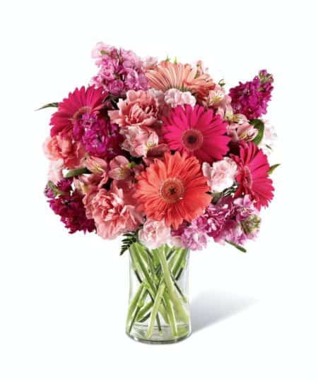 Melt their heart with sun-crushed blooms blossoming with an array of color and light your recipient won't soon forget. Coral and hot pink gerbera daisies captivate the eye surrounded by pink Peruvian Lilies, pink and hot pink gilly flower, pale pink carnations and mini carnations, and lush greens situated beautifully in a modern clear glass vase. A simply wonderful way to send your warmest wishes in honor of their birthday, as a thank you or get well gift, or to shower them with your love and affection! GOOD bouquet includes 13 stems. Approx. 13"H x 10"W. BETTER bouquet includes 17 stems. 
