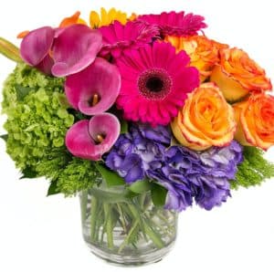 Send them something bright! This arrangement of vibrant gerbera daisies, roses, hydrangea blooms is sure to delight!